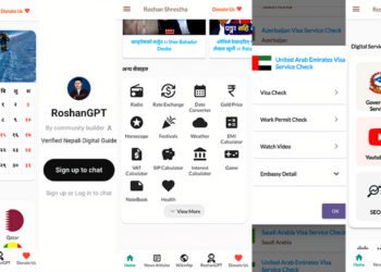 Full user interface of Roshan Shrestha App after the 2025 mega update showing offline tools, visa checker, Nepali AI assistant, and news tab