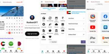 Full user interface of Roshan Shrestha App after the 2025 mega update showing offline tools, visa checker, Nepali AI assistant, and news tab